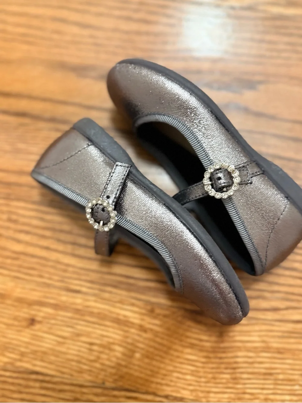 Childrenchic Girls Shimmery Pewter Mary Jane Dress Shoes with Rhinestone Buckle